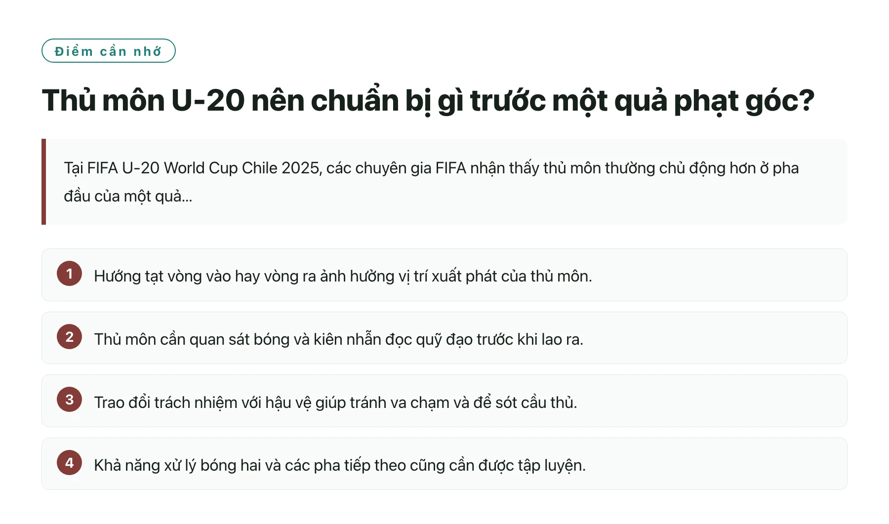 Thủ môn U-20 nên chuẩn bị gì trước một quả phạt góc?——全文要点速览