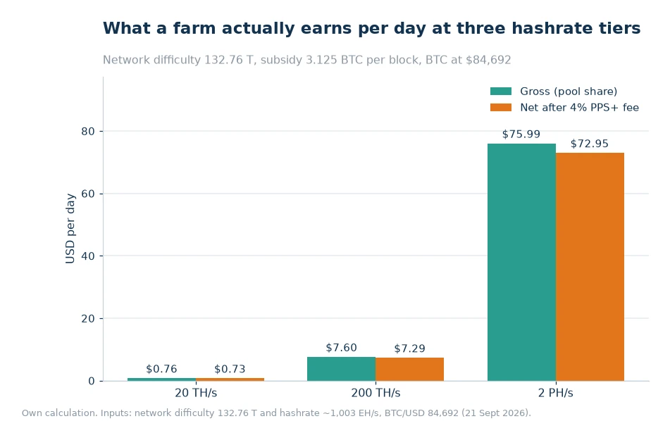 Bar chart comparing gross and net daily BTC income at 20 TH/s, 200 TH/s and 2 PH/s