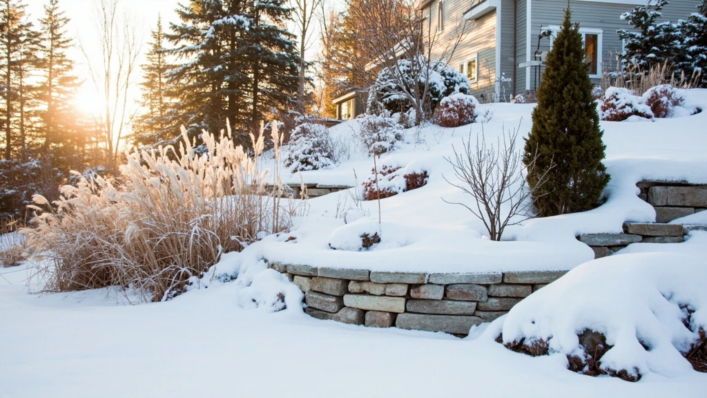 Snow-covered hillside garden in late winter, Duluth, Minnesota