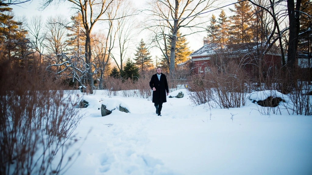 A designer walking across a snow-covered residential property in late winter, surveying a cold-climate garden