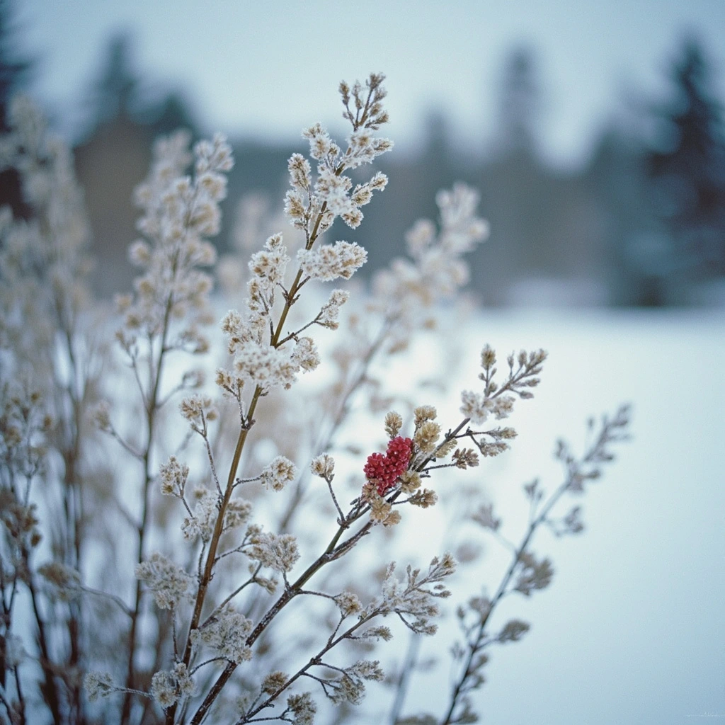Winter structure in a designed cold-climate planting: frosted hydrangea and red winterberry against snow