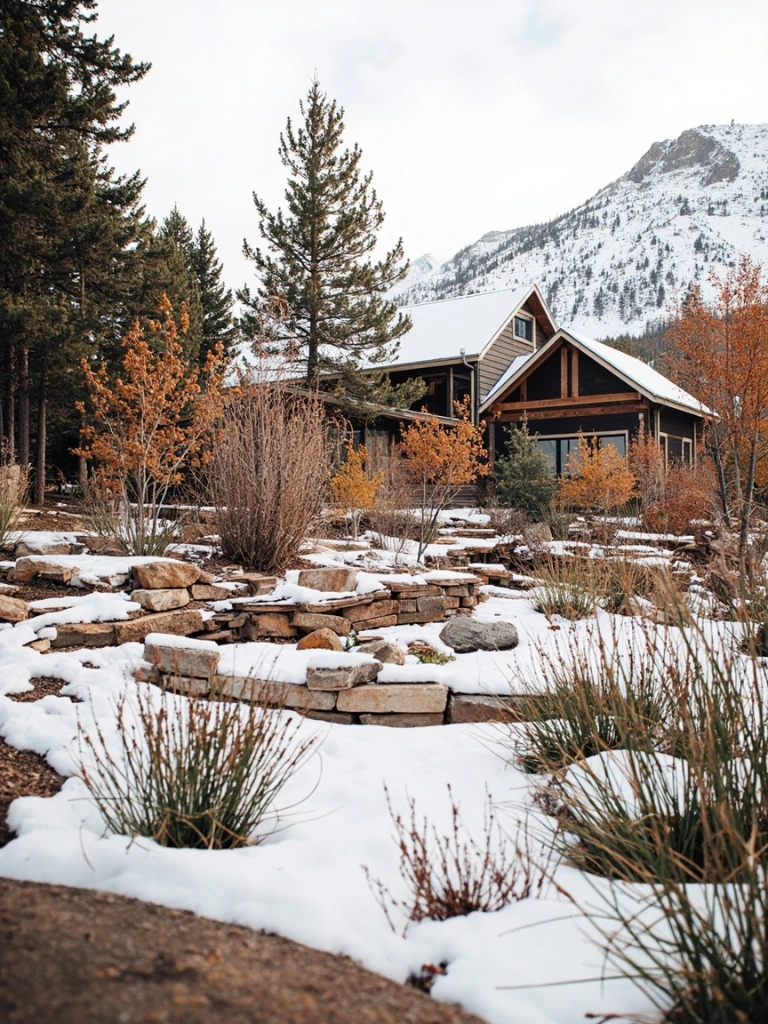 A high-altitude Colorado garden in early snow, with sandstone terraces, penstemon, rabbitbrush, and Gambel oak.
