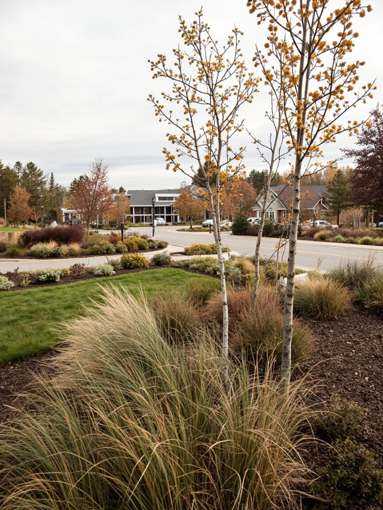 A Michigan builder amenity planting in late autumn, with native grasses, serviceberry, and white birch under an overcast sky.