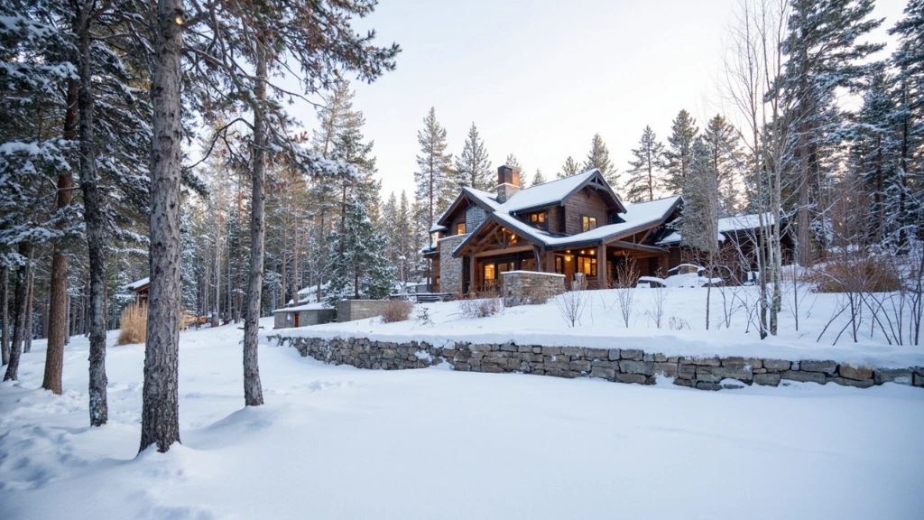 A snow-blanketed residential property in northern Minnesota at dawn, with a dry-stack limestone retaining wall curving through undisturbed powder snow.