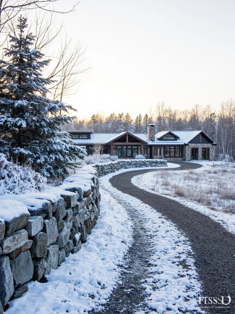 A rural estate property in deep winter, with a dry-stack basalt retaining wall, frost-covered grasses, and bronze coneflower seed heads above fresh snow.