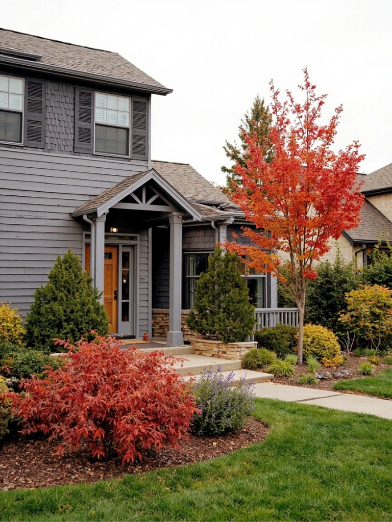 A newly built modern farmhouse property in peak fall color, with young serviceberry, dwarf white pine, and lowbush blueberry in vivid autumn tones.